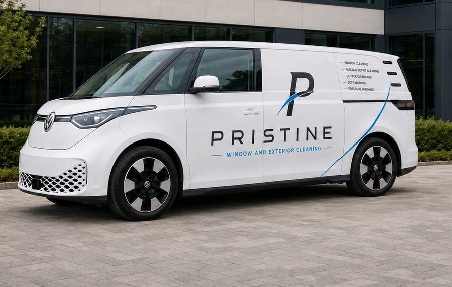 Pristine van outside an office building