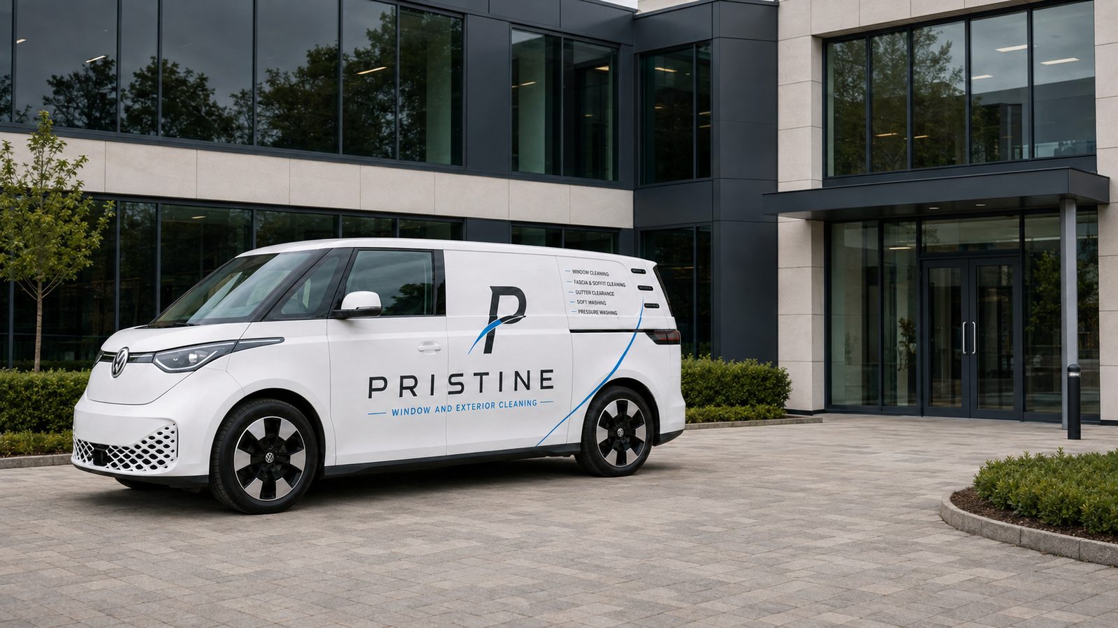 A Pristine van outside a commercial office building