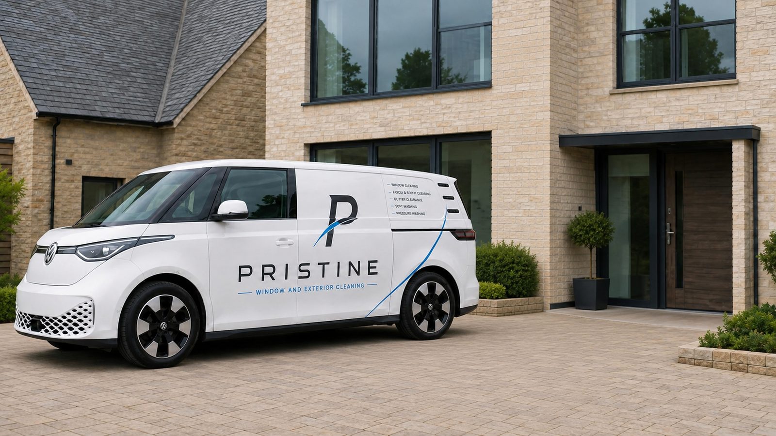 A Pristine liveried electric van on the driveway of a house
